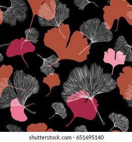 Ginkgo biloba leaf tablecloth seamless pattern. Silhouette of ginkgo leaves with dark veinlets. Isolated vector illustration. Nature design