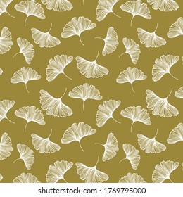 Ginkgo biloba leafs on green background seamless pattern plant medicine silhouette abstract wallpaper illustration design nature floral healthcare print monochrome outline