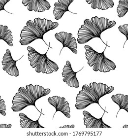 Ginkgo biloba leafs on white background pattern foliage plant medicine silhouette abstract white wallpaper illustration design nature floral hand drawn healthcare print monochrome outline