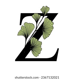 Ginkgo biloba leaves alphabet . Badge and icon in trendy linear hand drawn style. Vector Logo Emblem letter and ginkgo branch. Illustration for cosmetics, medicines, organic food
