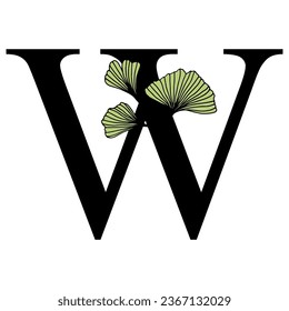 Ginkgo biloba leaves alphabet . Badge and icon in trendy linear hand drawn style. Vector Logo Emblem letter and ginkgo branch. Illustration for cosmetics, medicines, organic food