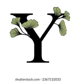 Ginkgo biloba leaves alphabet . Badge and icon in trendy linear hand drawn style. Vector Logo Emblem letter and ginkgo branch. Illustration for cosmetics, medicines, organic food