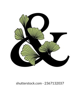 Ginkgo biloba leaves alphabet . Badge and icon in trendy linear hand drawn style. Vector Logo Emblem letter and ginkgo branch. Illustration for cosmetics, medicines, organic food