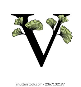 Ginkgo biloba leaves alphabet . Badge and icon in trendy linear hand drawn style. Vector Logo Emblem letter and ginkgo branch. Illustration for cosmetics, medicines, organic food