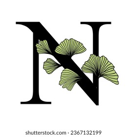 Ginkgo biloba leaves alphabet . Badge and icon in trendy linear hand drawn style. Vector Logo Emblem letter and ginkgo branch. Illustration for cosmetics, medicines, organic food