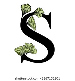 Ginkgo biloba leaves alphabet . Badge and icon in trendy linear hand drawn style. Vector Logo Emblem letter and ginkgo branch. Illustration for cosmetics, medicines, organic food
