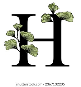 Ginkgo biloba leaves alphabet . Badge and icon in trendy linear hand drawn style. Vector Logo Emblem letter and ginkgo branch. Illustration for cosmetics, medicines, organic food