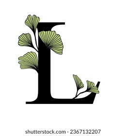 Ginkgo biloba leaves alphabet . Badge and icon in trendy linear hand drawn style. Vector Logo Emblem letter and ginkgo branch. Illustration for cosmetics, medicines, organic food