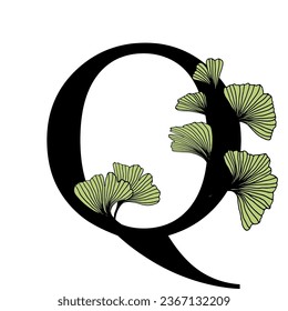 Ginkgo biloba leaves alphabet . Badge and icon in trendy linear hand drawn style. Vector Logo Emblem letter and ginkgo branch. Illustration for cosmetics, medicines, organic food