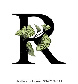 Ginkgo biloba leaves alphabet . Badge and icon in trendy linear hand drawn style. Vector Logo Emblem letter and ginkgo branch. Illustration for cosmetics, medicines, organic food
