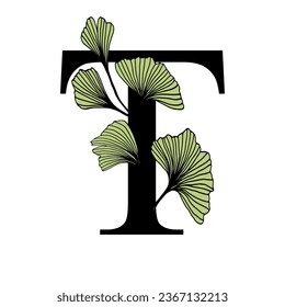 Ginkgo biloba leaves alphabet . Badge and icon in trendy linear hand drawn style. Vector Logo Emblem letter and ginkgo branch. Illustration for cosmetics, medicines, organic food