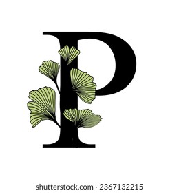Ginkgo biloba leaves alphabet . Badge and icon in trendy linear hand drawn style. Vector Logo Emblem letter and ginkgo branch. Illustration for cosmetics, medicines, organic food