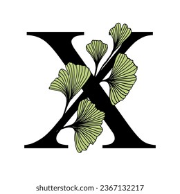 Ginkgo biloba leaves alphabet . Badge and icon in trendy linear hand drawn style. Vector Logo Emblem letter and ginkgo branch. Illustration for cosmetics, medicines, organic food