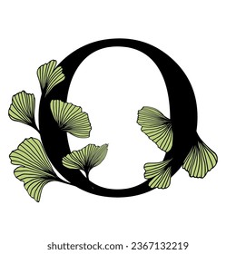 Ginkgo biloba leaves alphabet . Badge and icon in trendy linear hand drawn style. Vector Logo Emblem letter and ginkgo branch. Illustration for cosmetics, medicines, organic food