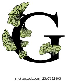 Ginkgo biloba leaves alphabet . Badge and icon in trendy linear hand drawn style. Vector Logo Emblem letter and ginkgo branch. Illustration for cosmetics, medicines, organic food
