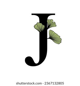 Ginkgo biloba leaves alphabet . Badge and icon in trendy linear hand drawn style. Vector Logo Emblem letter and ginkgo branch. Illustration for cosmetics, medicines, organic food
