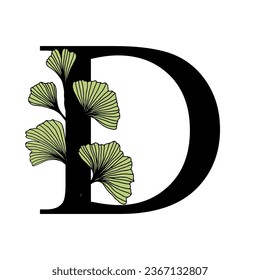 Ginkgo biloba leaves alphabet . Badge and icon in trendy linear hand drawn style. Vector Logo Emblem letter and ginkgo branch. Illustration for cosmetics, medicines, organic food