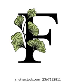 Ginkgo biloba leaves alphabet . Badge and icon in trendy linear hand drawn style. Vector Logo Emblem letter and ginkgo branch. Illustration for cosmetics, medicines, organic food