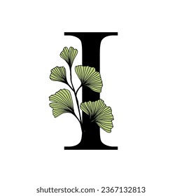 Ginkgo biloba leaves alphabet . Badge and icon in trendy linear hand drawn style. Vector Logo Emblem letter and ginkgo branch. Illustration for cosmetics, medicines, organic food