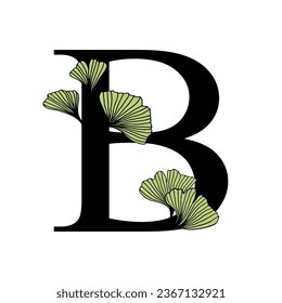 Ginkgo biloba leaves alphabet . Badge and icon in trendy linear hand drawn style. Vector Logo Emblem letter and ginkgo branch. Illustration for cosmetics, medicines, organic food