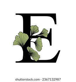 Ginkgo biloba leaves alphabet . Badge and icon in trendy linear hand drawn style. Vector Logo Emblem letter and ginkgo branch. Illustration for cosmetics, medicines, organic food