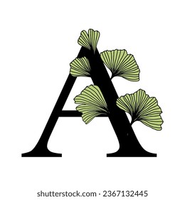 Ginkgo biloba leaves alphabet . Leter A. Badge and icon in trendy linear hand drawn style. Vector Logo Emblem letter and ginkgo branch. Illustration for cosmetics, medicines, organic food