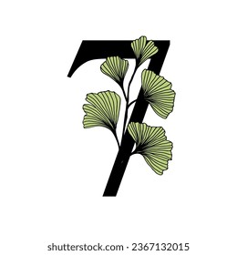 Ginkgo biloba leaves alphabet number. Badge and icon in trendy linear hand drawn style. Vector number and ginkgo branch. Illustration for cosmetics, medicines, organic food, wedding.