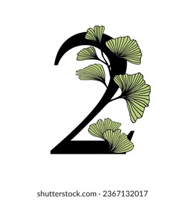 Ginkgo biloba leaves alphabet number. Badge and icon in trendy linear hand drawn style. Vector number and ginkgo branch. Illustration for cosmetics, medicines, organic food, wedding.