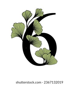 Ginkgo biloba leaves alphabet number. Badge and icon in trendy linear hand drawn style. Vector number and ginkgo branch. Illustration for cosmetics, medicines, organic food, wedding.