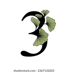 Ginkgo biloba leaves alphabet number. Badge and icon in trendy linear hand drawn style. Vector number and ginkgo branch. Illustration for cosmetics, medicines, organic food, wedding.