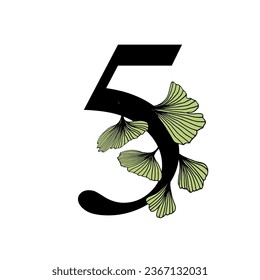 Ginkgo biloba leaves alphabet number. Badge and icon in trendy linear hand drawn style. Vector number and ginkgo branch. Illustration for cosmetics, medicines, organic food, wedding.