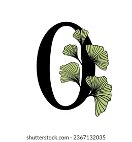 Ginkgo biloba leaves alphabet number. Badge and icon in trendy linear hand drawn style. Vector number and ginkgo branch. Illustration for cosmetics, medicines, organic food, wedding.