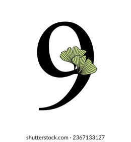Ginkgo biloba leaves alphabet number 9. Badge and icon in trendy linear hand drawn style. Vector number and ginkgo branch. Illustration for cosmetics, medicines, organic food, wedding.