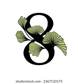 Ginkgo biloba leaves alphabet number. Badge and icon in trendy linear hand drawn style. Vector number and ginkgo branch. Illustration for cosmetics, medicines, organic food, wedding.