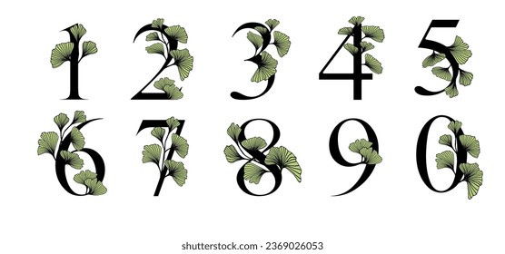 Ginkgo biloba leaves alphabet number. Badge and icon in trendy linear hand drawn style. Vector number and ginkgo branch. Illustration for cosmetics, medicines, organic food, wedding.