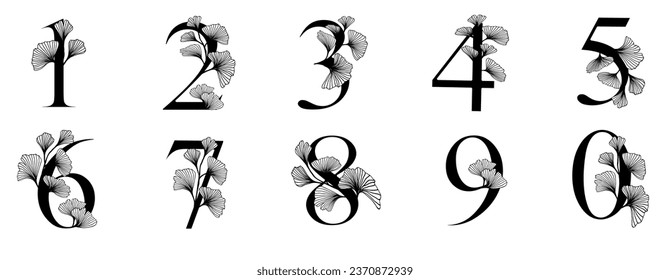 Ginkgo biloba hinterlässt Alphabet Nummer. Abzeichen und Symbol in trendigem, linearem, handgezeichnet Stil. Vektornummer und Ginkgo-Zweig. Illustration für Kosmetika, Arzneimittel, Bio-Lebensmittel, Hochzeit.