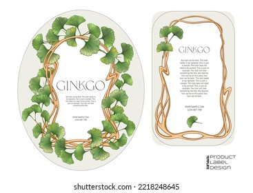 Ginkgo biloba leaves. Border, art nouveau frame, template for product label, cosmetic packaging. Easy to edit. Vector illustration. In botanical style