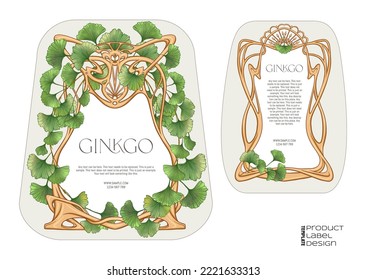 Ginkgo biloba leaves. Border, art nouveau frame, template for product label, cosmetic packaging. Easy to edit. Vector illustration. In botanical style