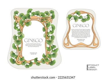 Ginkgo biloba leaves. Border, art nouveau frame, template for product label, cosmetic packaging. Easy to edit. Vector illustration. In botanical style