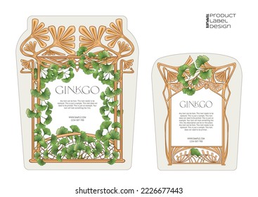Ginkgo biloba leaves. Border, art nouveau frame, template for product label, cosmetic packaging. Easy to edit. Vector illustration. In botanical style