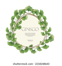 Ginkgo biloba leaves. Border, frame, template for product label, cosmetic packaging. Easy to edit. Vector illustration. In botanical style