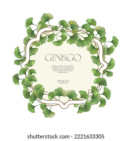 Ginkgo biloba leaves. Border, frame, template for product label, cosmetic packaging. Easy to edit. Vector illustration. In botanical style