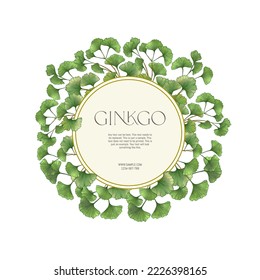 Ginkgo biloba leaves. Border, frame, template for product label, cosmetic packaging. Easy to edit. Vector illustration. In botanical style