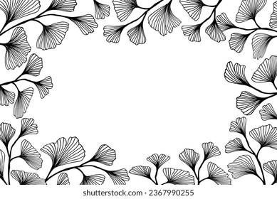 Ginkgo biloba leaves frame trendy linear hand drawn style. Vector ginkgo branch. Illustration for cosmetics, medicines, organic food, wedding invite