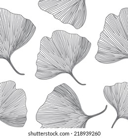 Ginkgo biloba leaves, line design, seamless pattern