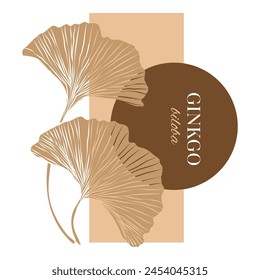 Ginkgo biloba  leaves, Ginkgo Line minimalist vector, round banner with Ginkgo, Ginkgo Japanese style. Brown and white color,floral logo