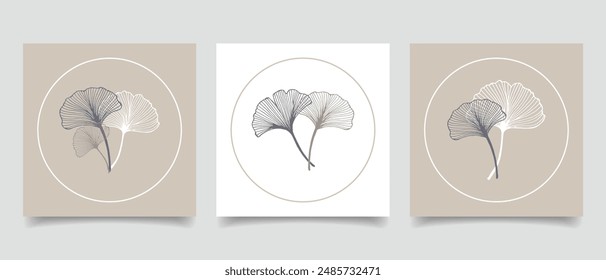 Ginkgo biloba leaves. Minimal set of wedding cards, logo for cosmetics, spa, jewelry, yoga design, manicure, branding packaging. Illustration in linear style.