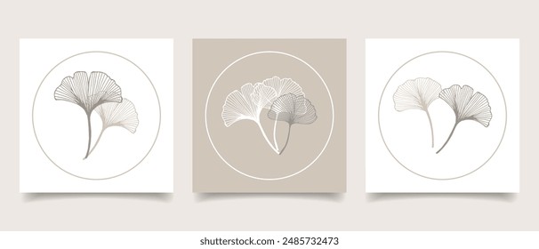 Ginkgo biloba leaves. Minimal set of wedding cards, logo for cosmetics, spa, jewelry, yoga design, manicure, branding packaging. Illustration in linear style.