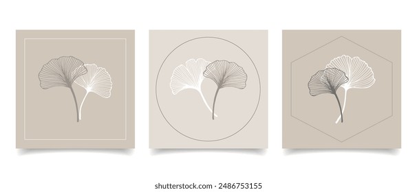 Ginkgo biloba leaves. Minimal set of wedding cards, logo for cosmetics, spa, jewelry, yoga design, manicure, branding packaging. Illustration in linear style.