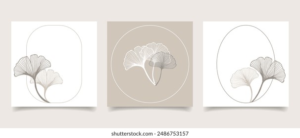 Ginkgo biloba leaves. Minimal set of wedding cards, logo for cosmetics, spa, jewelry, yoga design, manicure, branding packaging. Illustration in linear style.